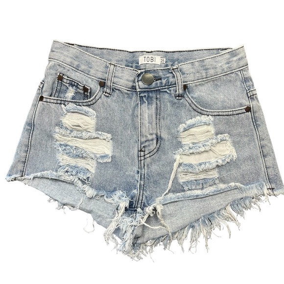 Tobi Melrose denim distressed shorts in light blue was size 25. - Picture 1 of 7